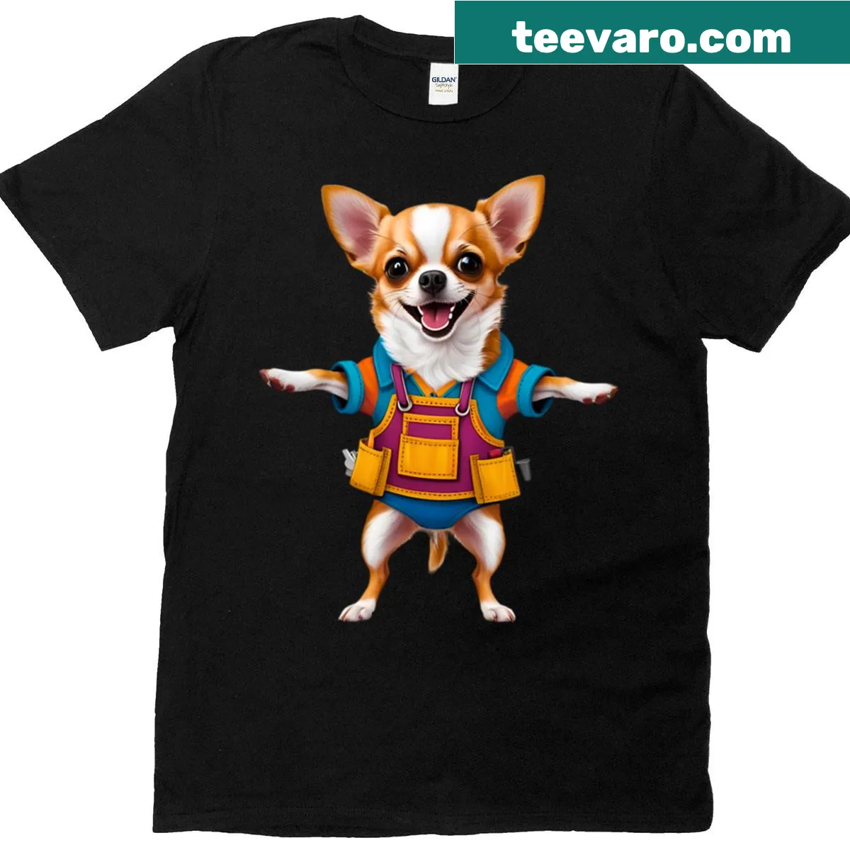 Cartoon Chihuahua in toolbelt and hard hat on t-shirt — on a men's t-shirt