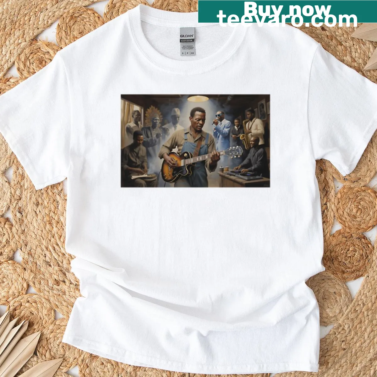 Typography T-shirt featuring the phrase 'Music Of The Ancestors' with music genre icons. — on a men's t-shirt