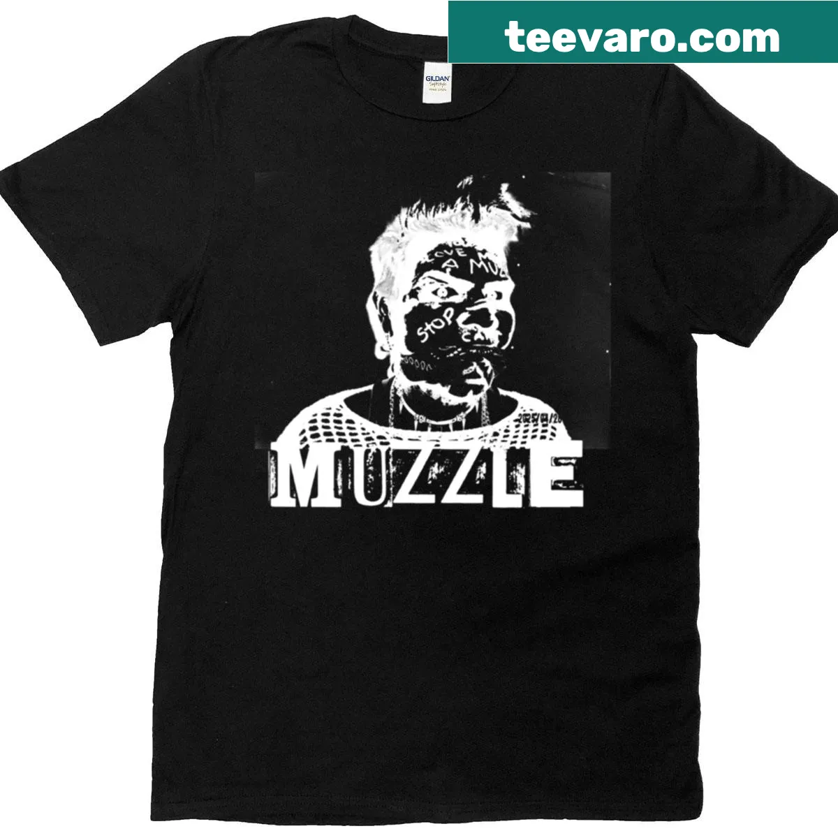 Funny t-shirt featuring a playful muzzle-themed cartoon illustration — on a men's t-shirt