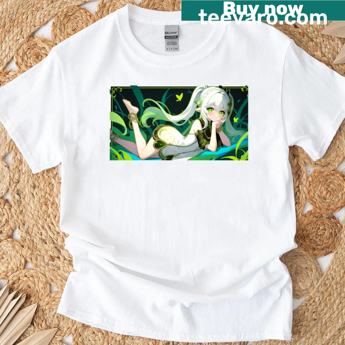 Illustrative T-shirt featuring Nahida from Genshin Impact — on a men's t-shirt