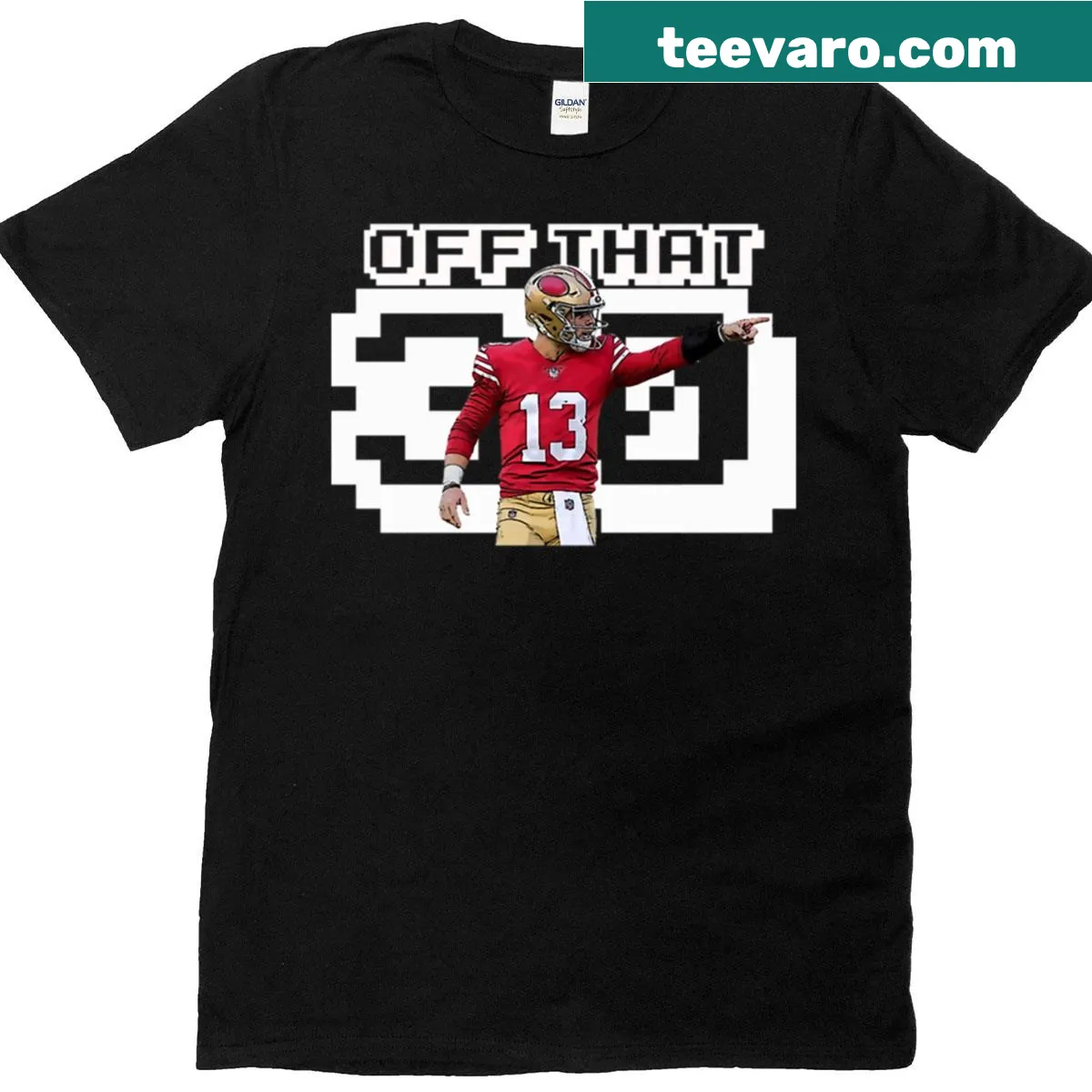 Sporty Off That Brock Purdy 30 t-shirt with bold design — on a men's t-shirt