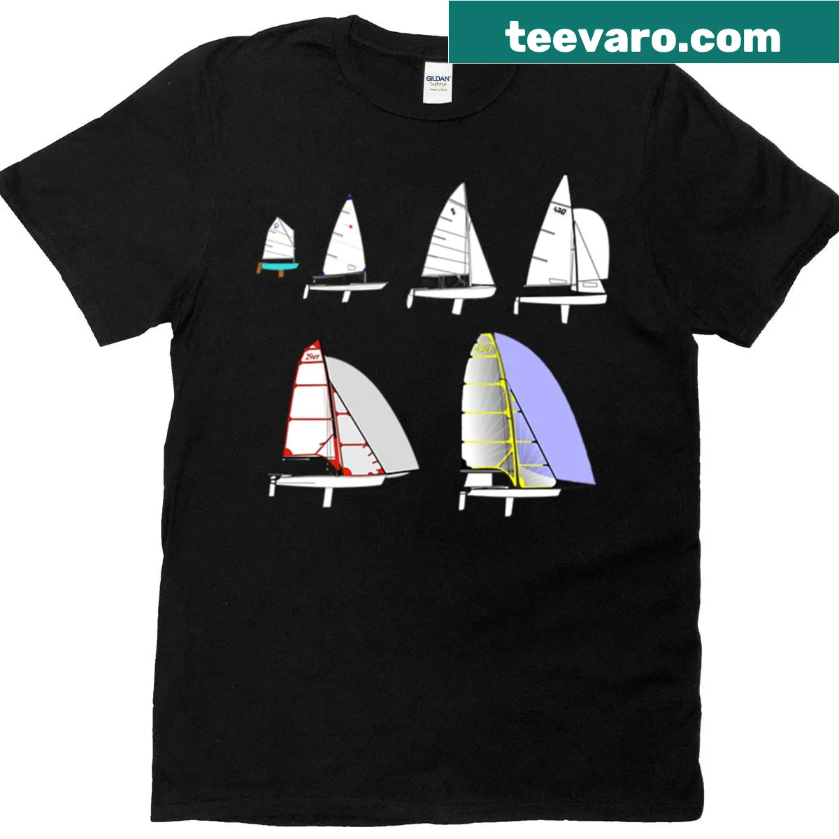 T-shirt celebrating Optimist Laser 420 470 29er 49er sailboats — on a men's t-shirt