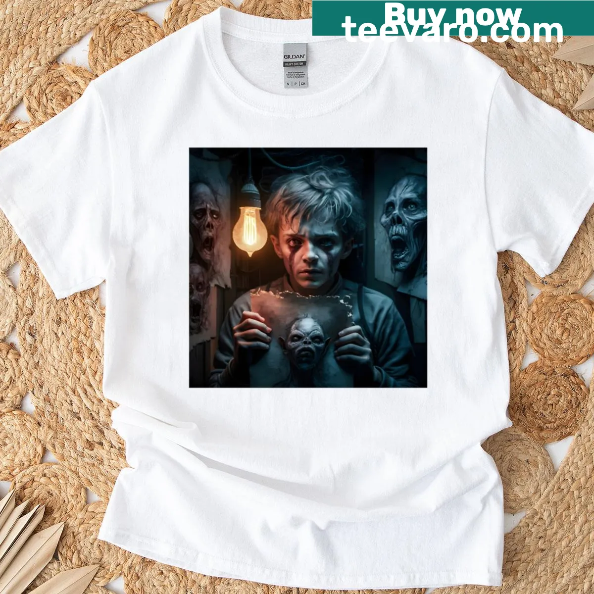 Graphic T-shirt depicting a spooky design inspired by horror literature — on a men's t-shirt
