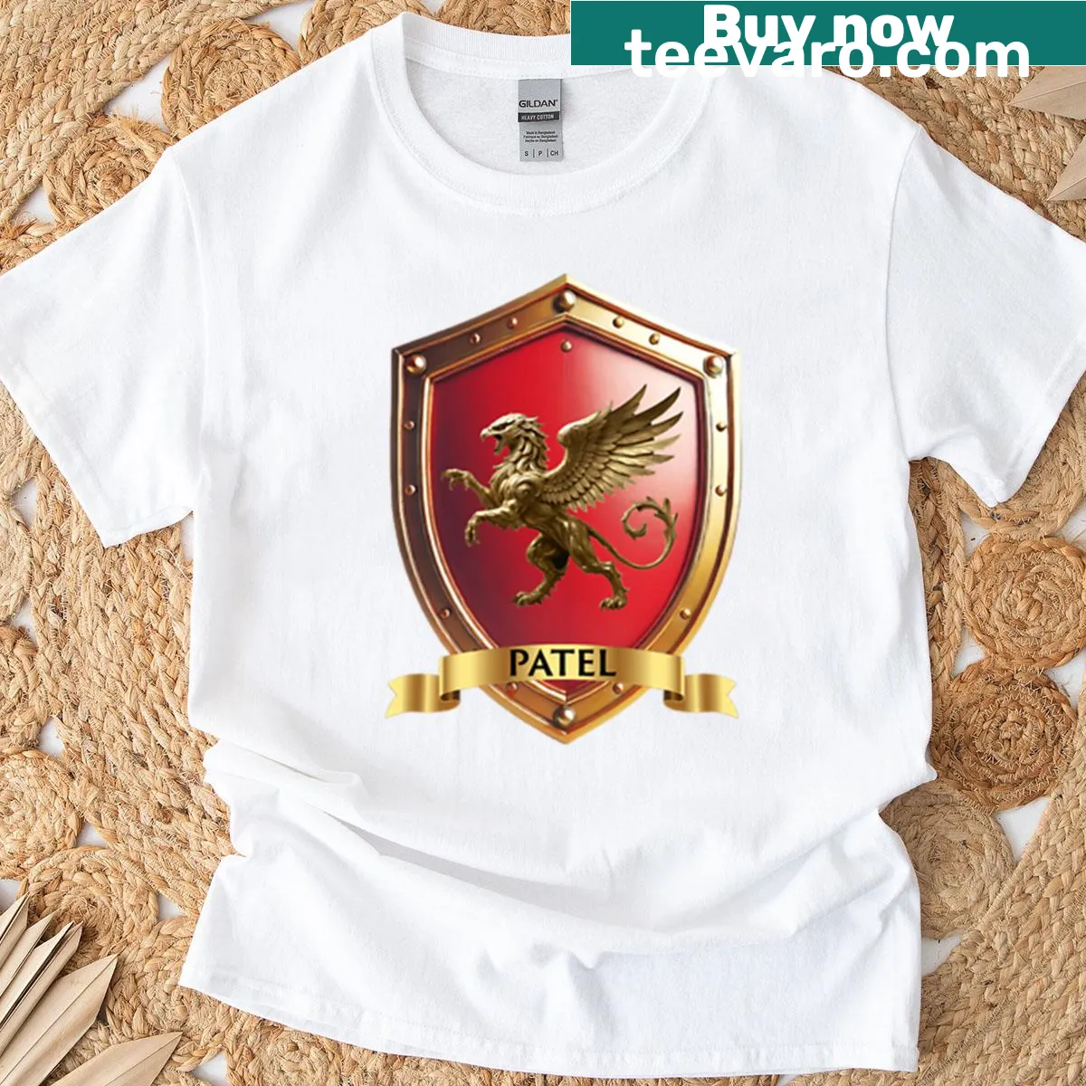 Oversized T-shirt with a family honor crest and banner design — on a men's t-shirt