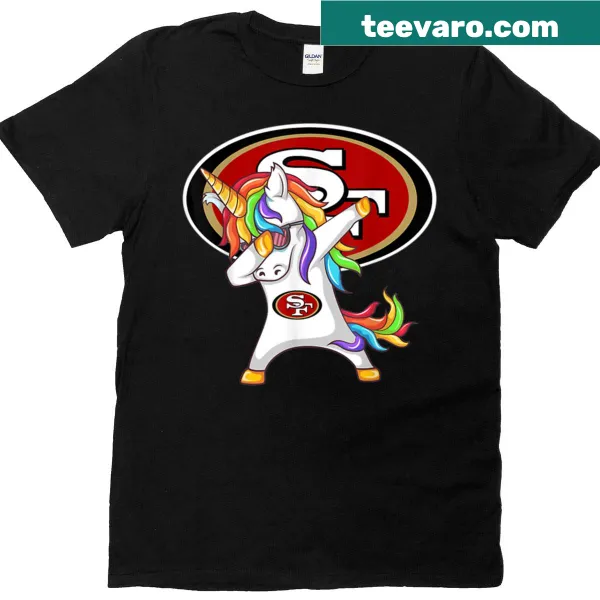 Playful San Francisco 49ers shirt featuring a dabbing unicorn illustration