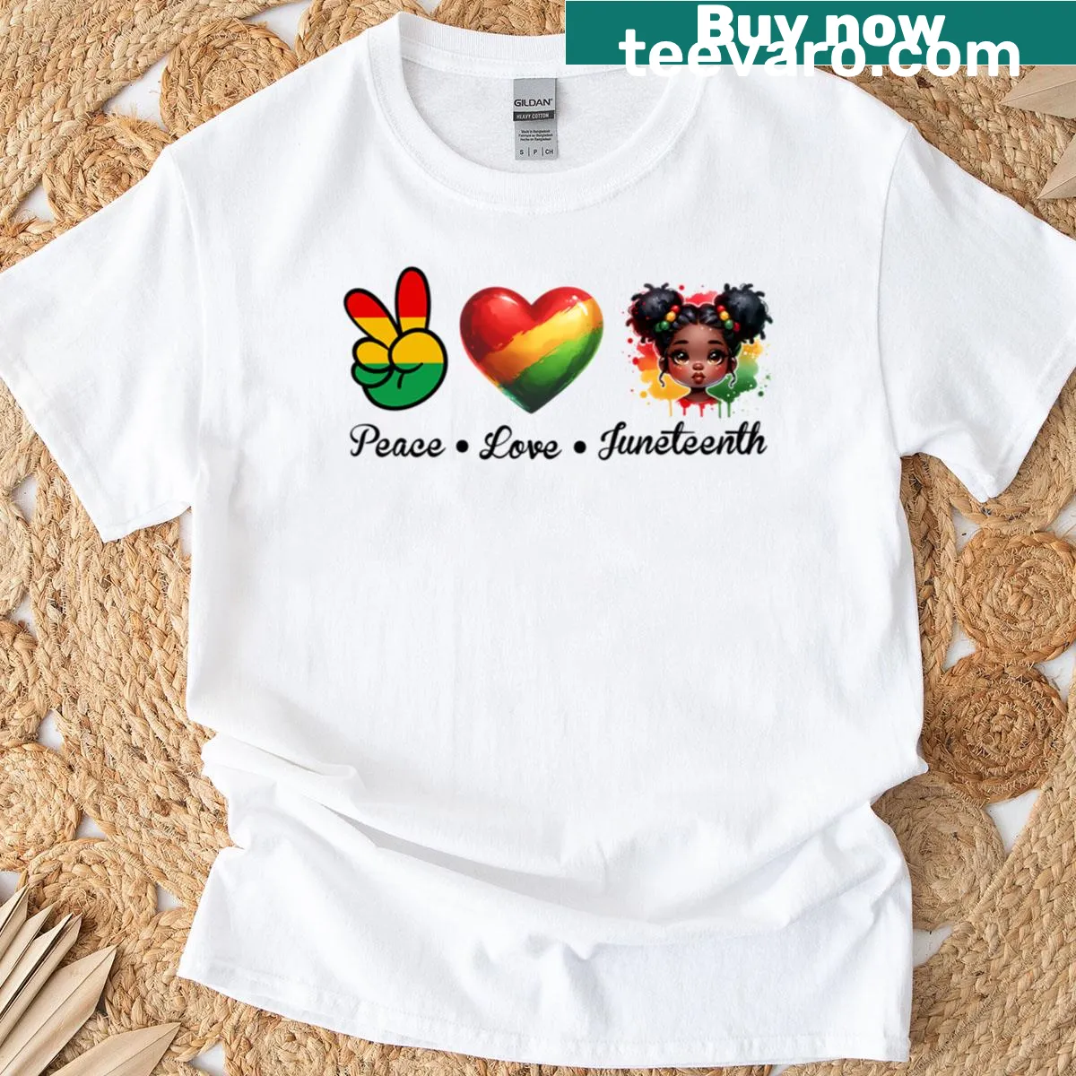 Girl's t-shirt featuring 'Peace Love Juneteenth Celebration Freedom 1865' design. — on a men's t-shirt