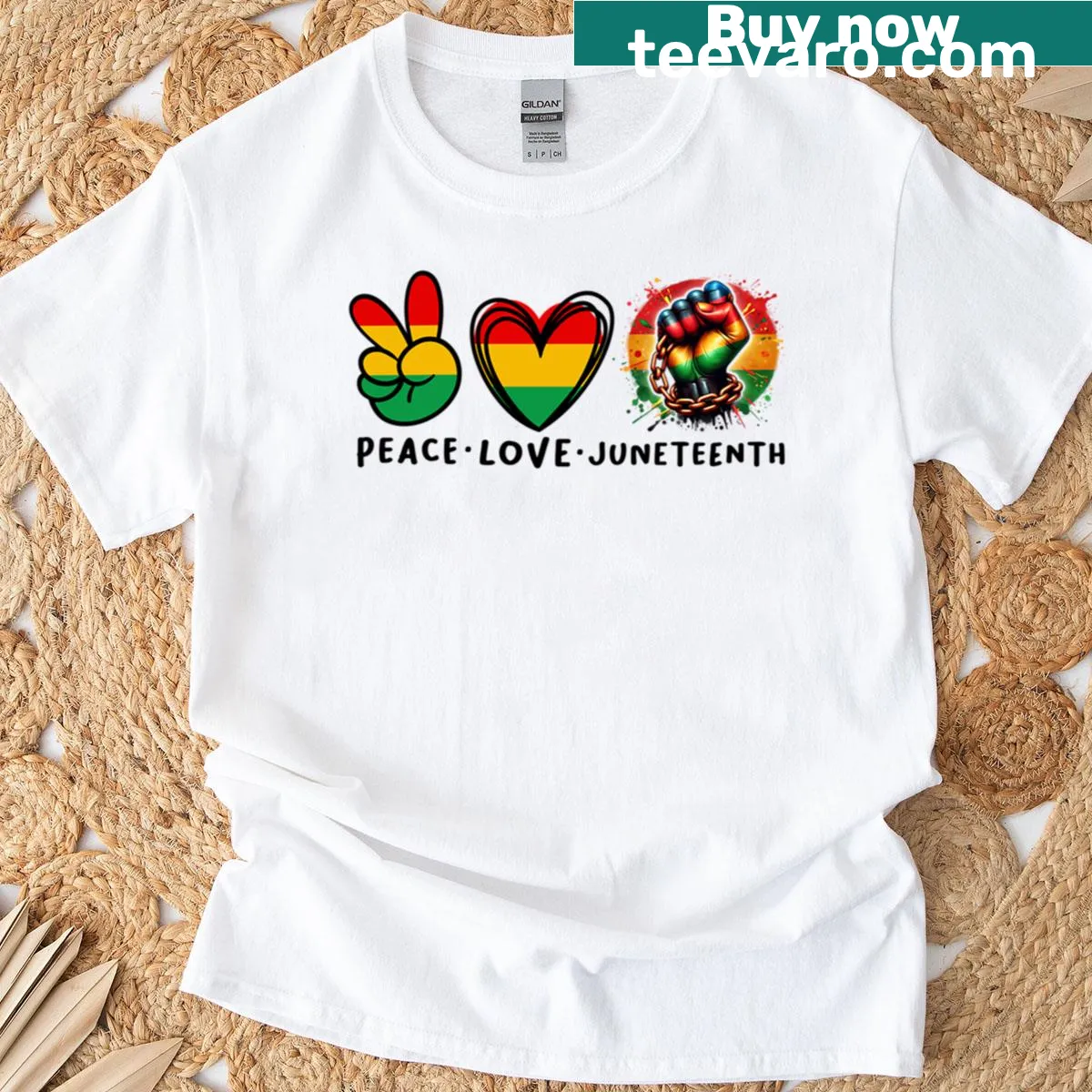 T-shirt with 'Peace Love Freedom 1865' message for Juneteenth — on a men's t-shirt