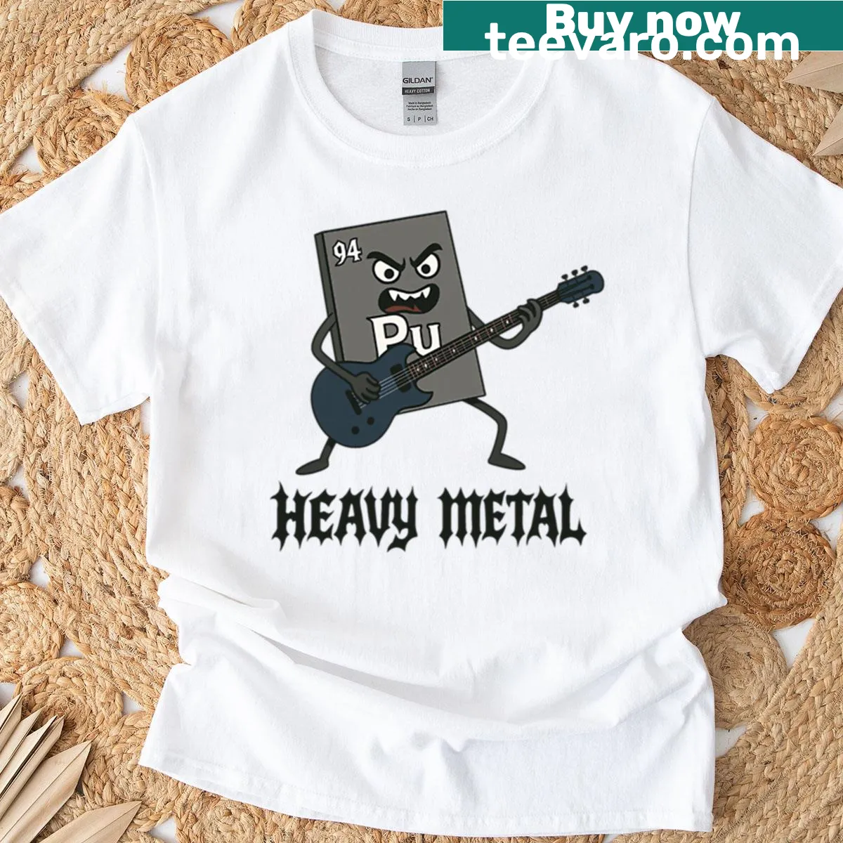 Graphic T-shirt featuring Plutonium as a heavy metal band — on a men's t-shirt