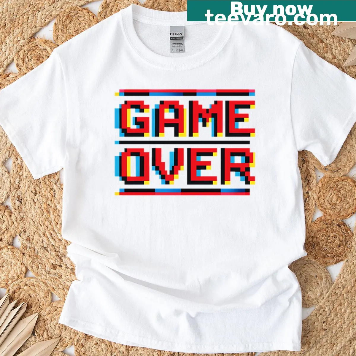 Retro pixel art 'Game Over' screen graphic on an oversized T-shirt — on a men's t-shirt