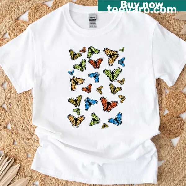 Illustration of pixelated butterflies on a T-shirt