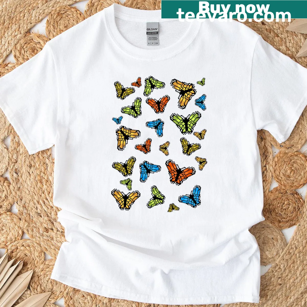 Illustration of pixelated butterflies on a T-shirt — on a men's t-shirt