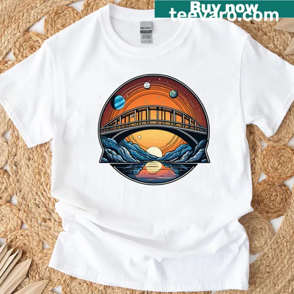 Cosmic illustration of a planetary bridge on T-shirt.