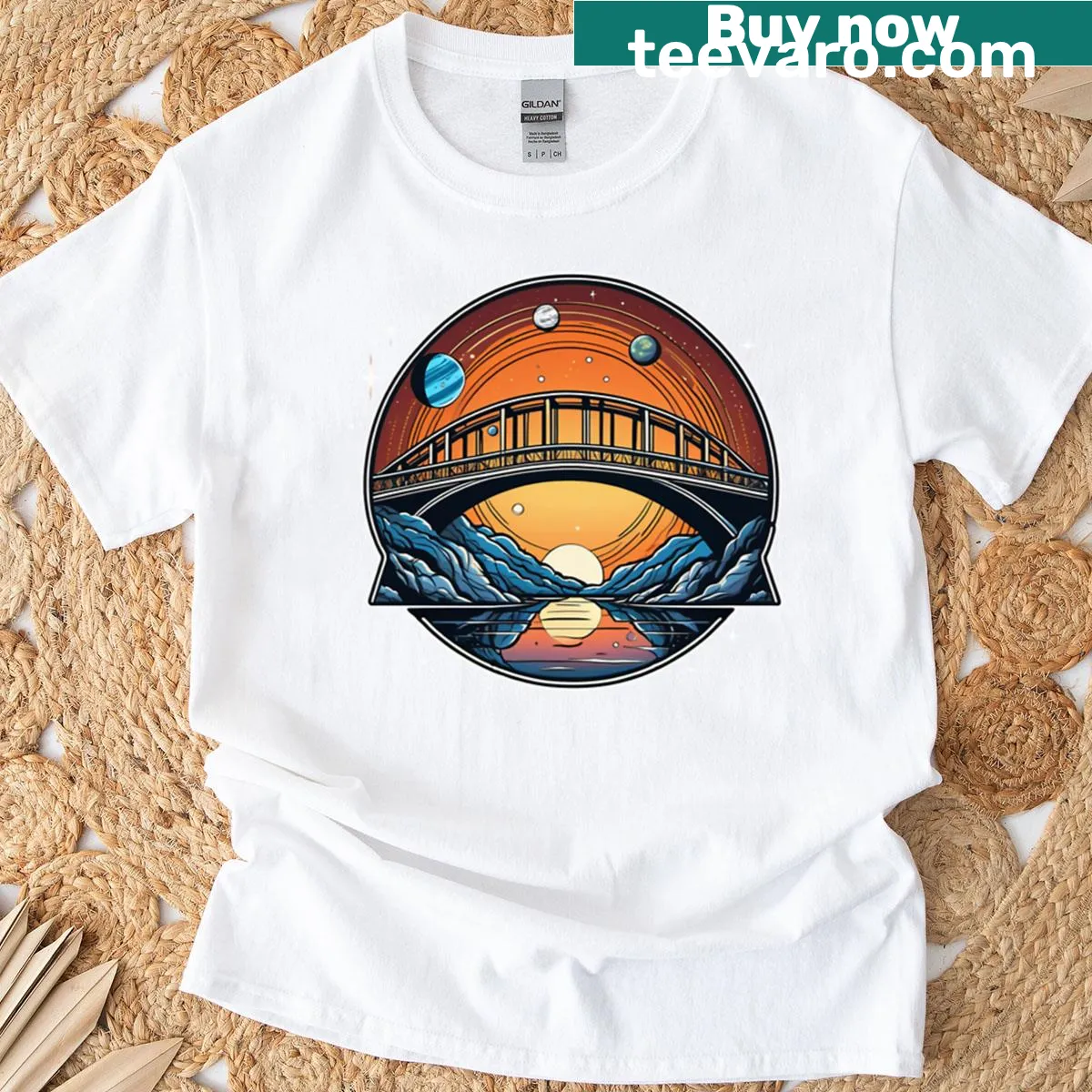 Cosmic illustration of a planetary bridge on T-shirt. — on a men's t-shirt