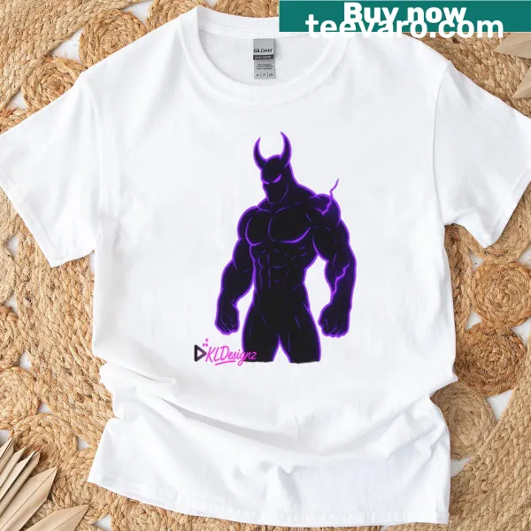 Illustration of a muscular purple demon on a t-shirt