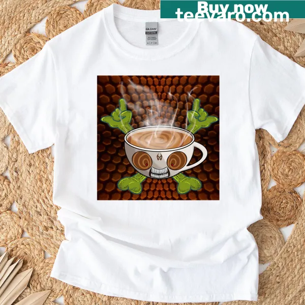 Funny t-shirt featuring Quakey Jake, a caffeinated metalhead cartoon