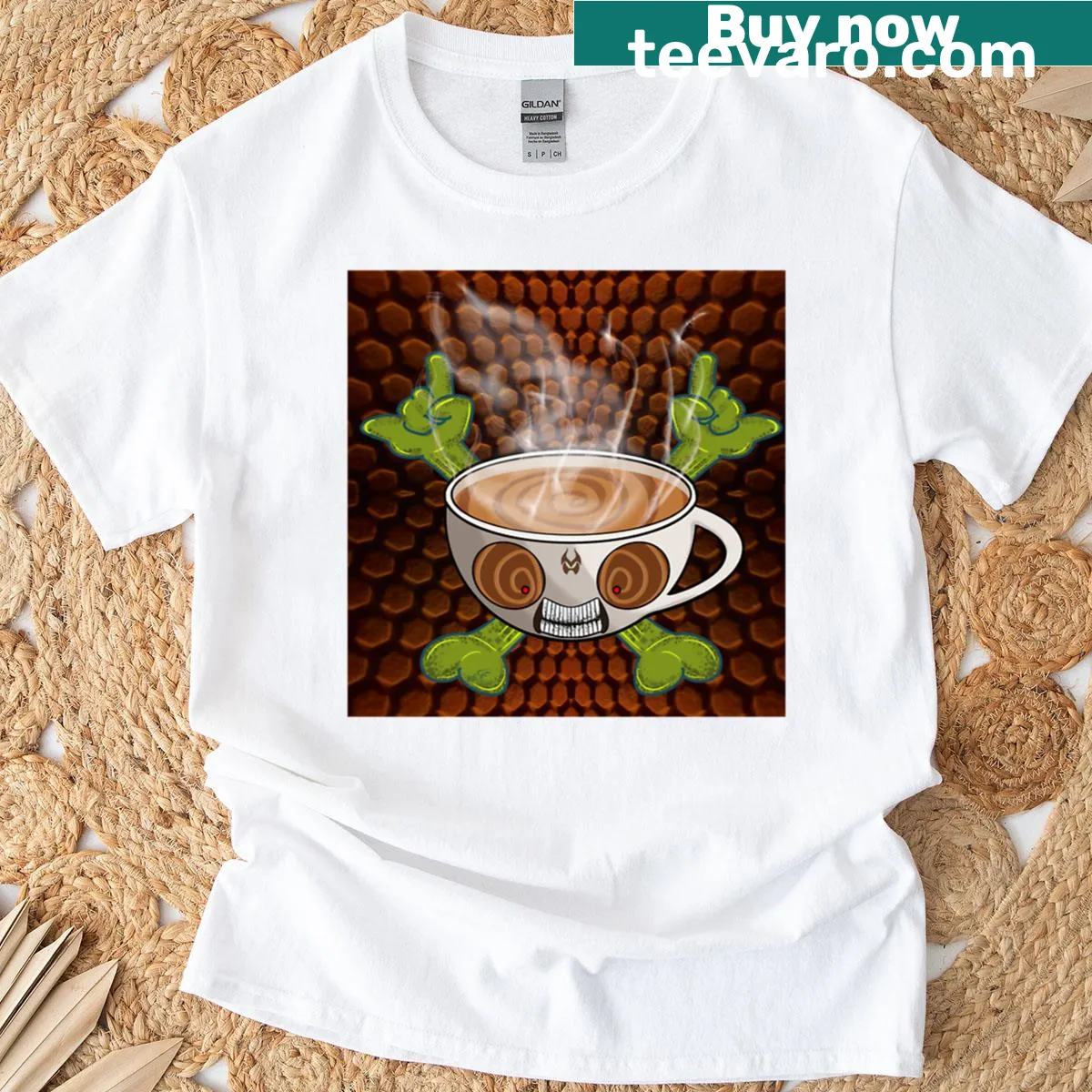 Funny t-shirt featuring Quakey Jake, a caffeinated metalhead cartoon — on a men's t-shirt