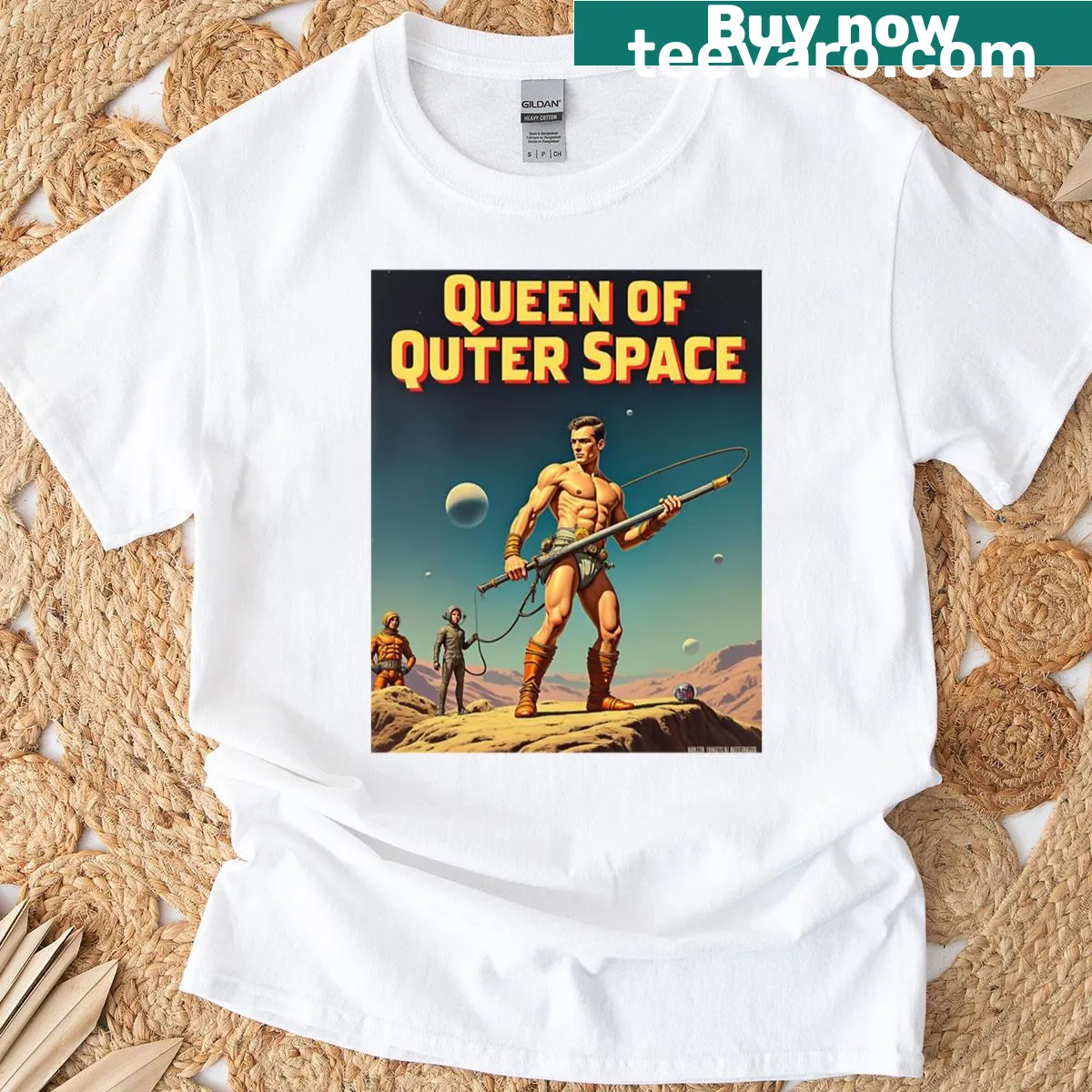 Oversized tee featuring a whimsical queen in outer space illustration — on a men's t-shirt