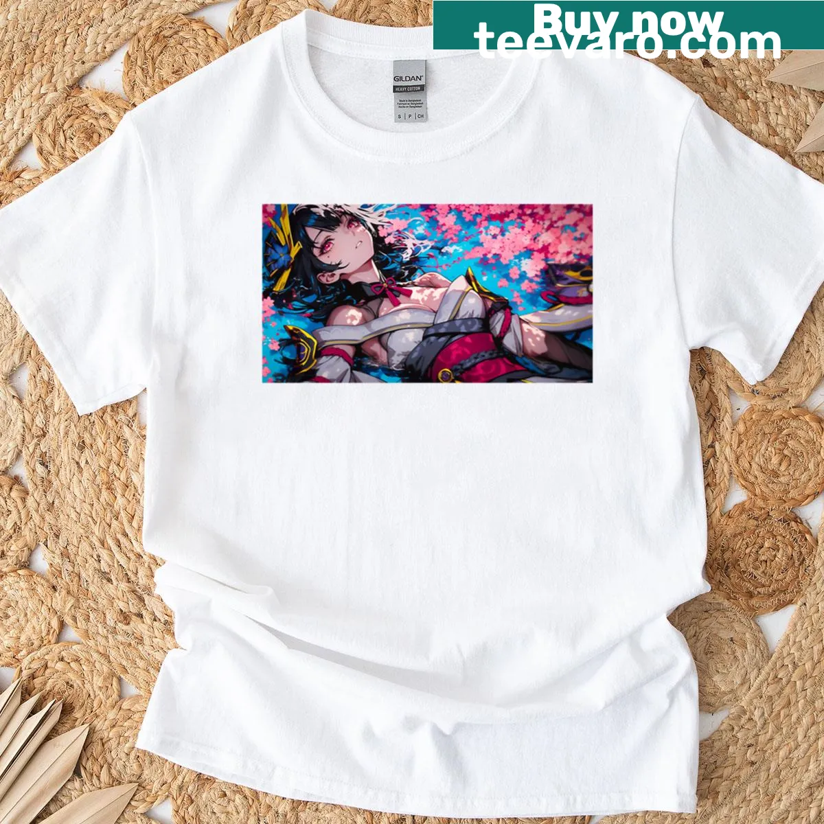 Illustrated Raiden Shogun graphic T-shirt for Genshin Impact fans — on a men's t-shirt