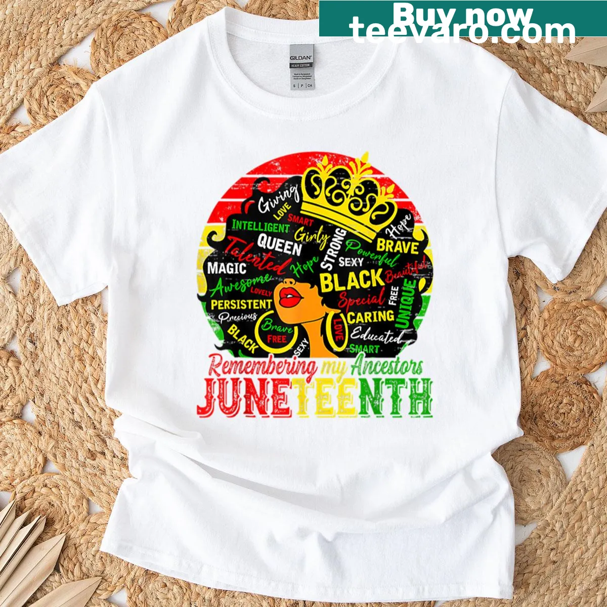 Text celebrating Black women for Juneteenth on an oversized T-shirt — on a men's t-shirt