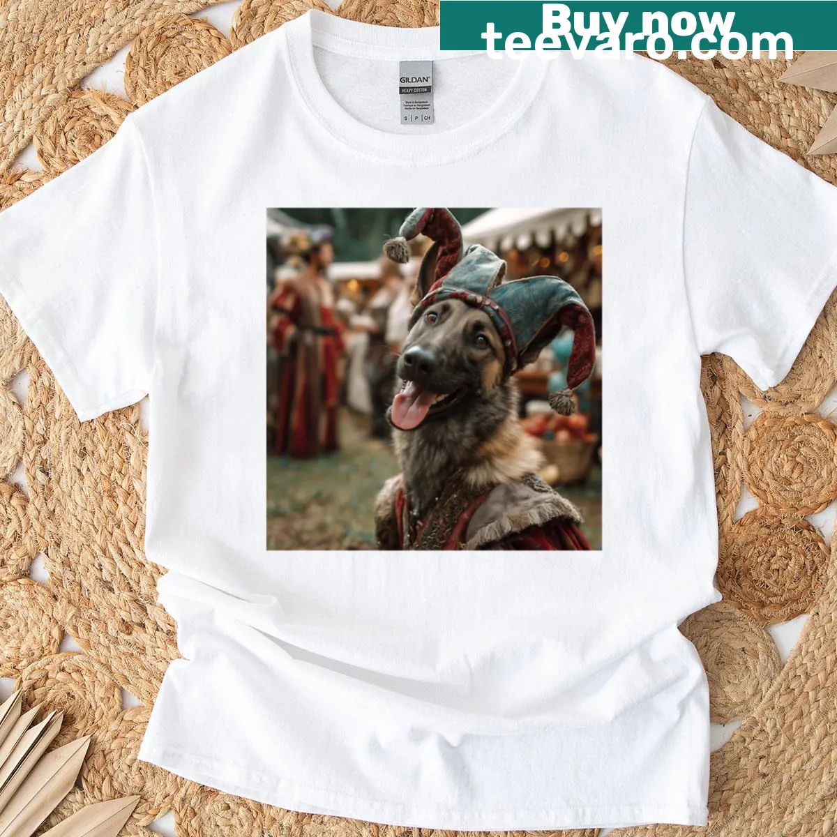 T-shirt featuring dogs in Renaissance faire costumes illustration — on a men's t-shirt
