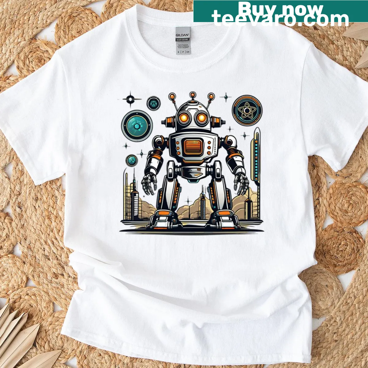 Oversized shirt with a retro futuristic atomic robot design — on a men's t-shirt