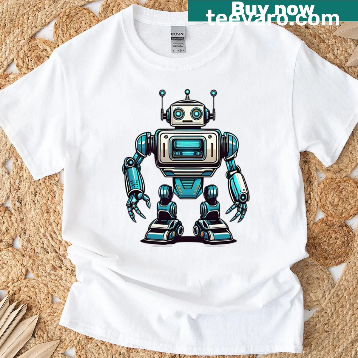 Oversized t-shirt featuring a retro futuristic robot design — on a men's t-shirt