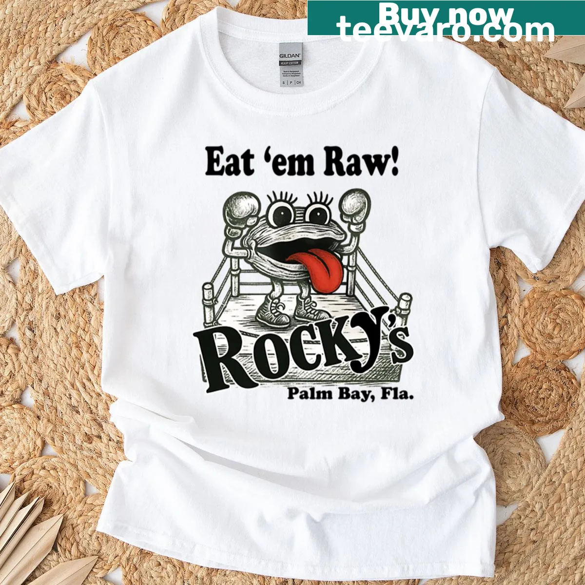 Fun T-shirt featuring playful graphic of oysters from Rocky's Raw Bar — on a men's t-shirt