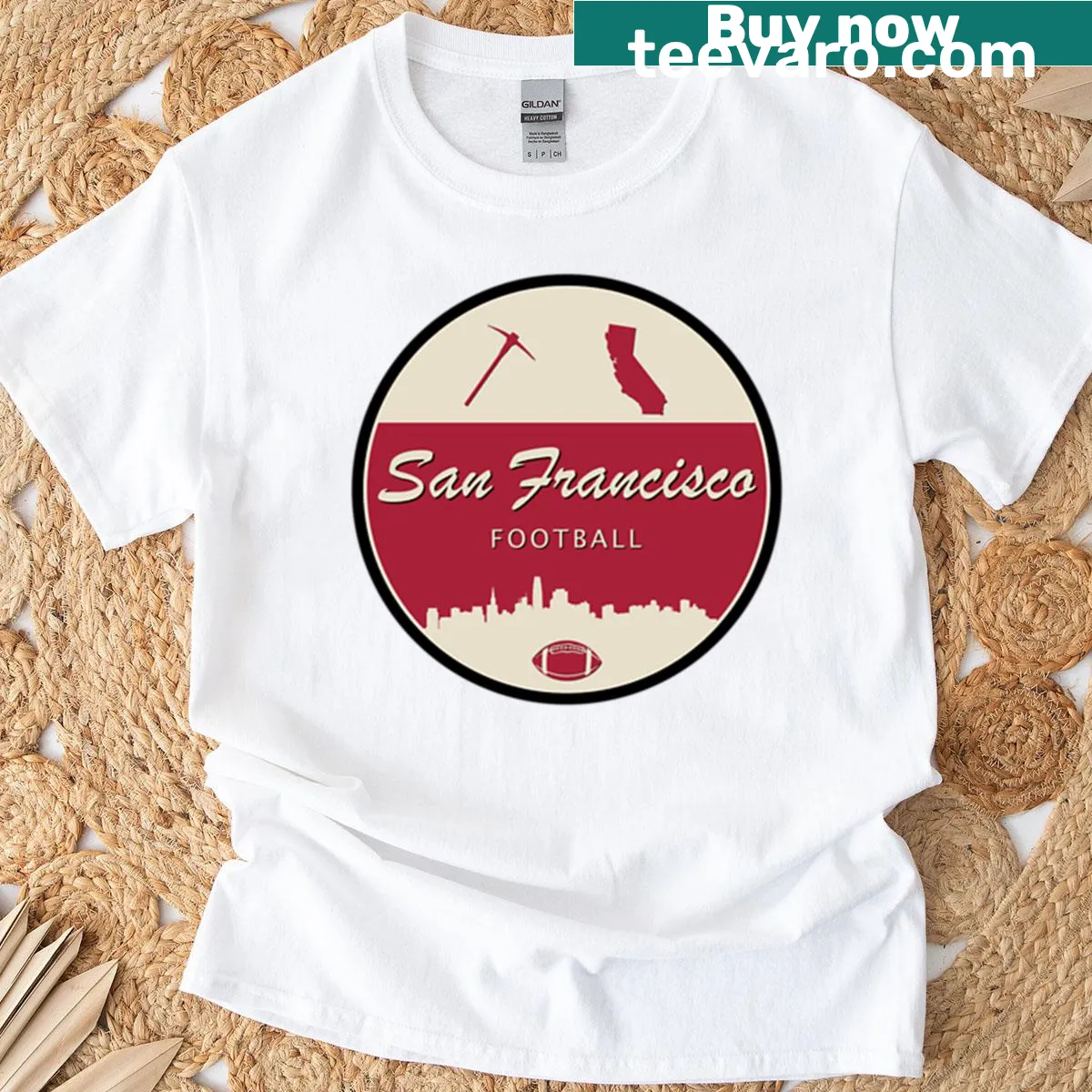 Minimalist circle logo t-shirt representing San Francisco football — on a men's t-shirt