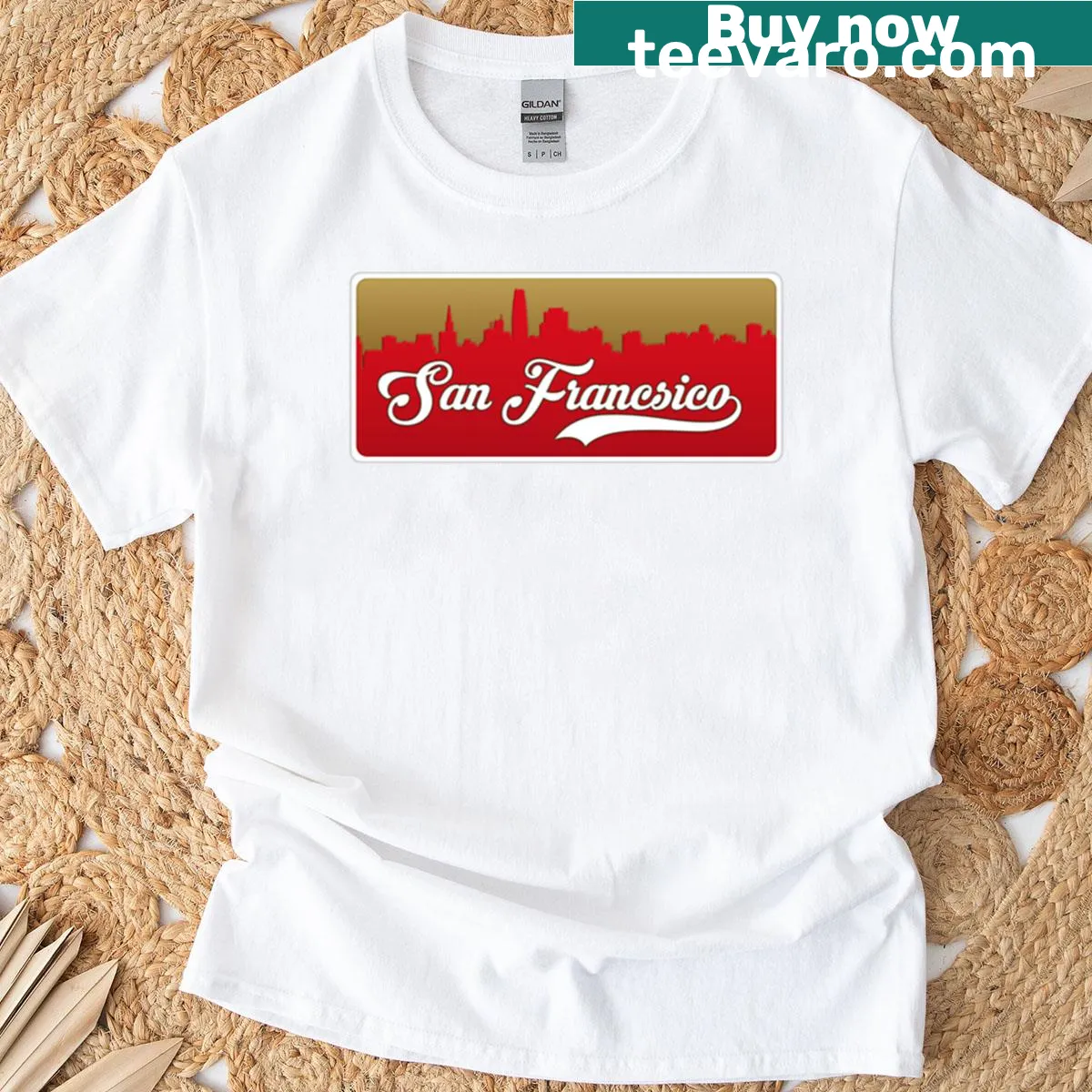 Oversized t-shirt featuring San Francisco skyline and football design — on a men's t-shirt