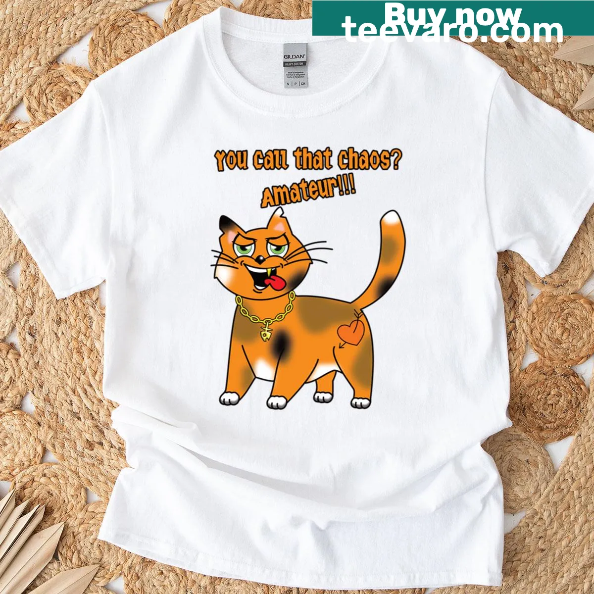 Sarcastic Cat t-shirt featuring humorous chaos saying — on a men's t-shirt
