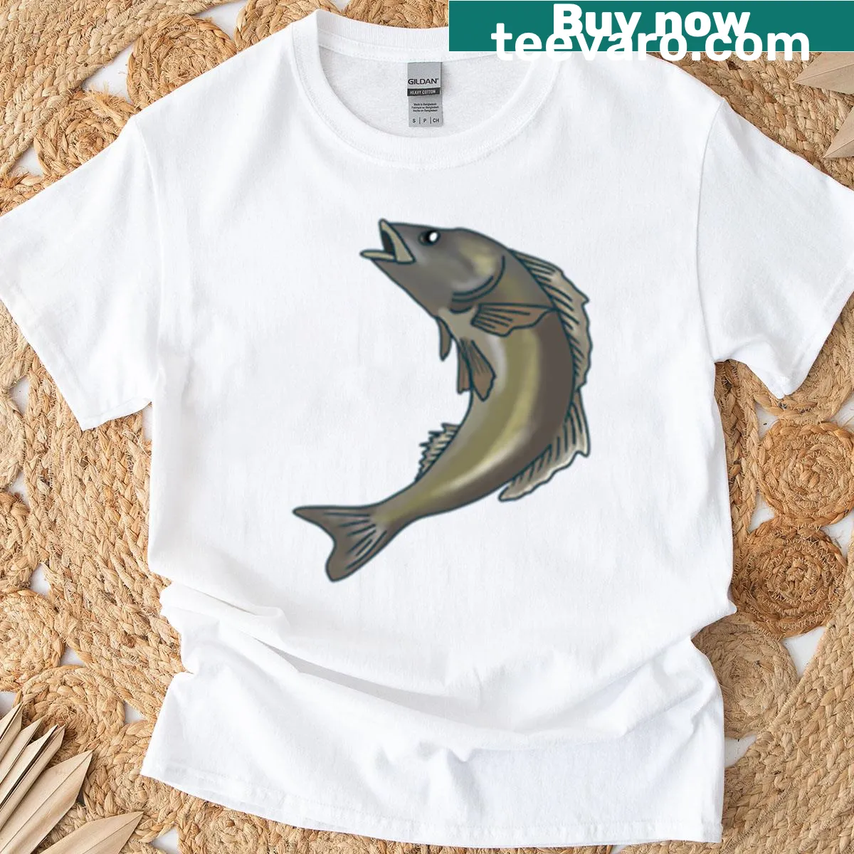 T-shirt featuring detailed illustration of a sea bass fish — on a men's t-shirt