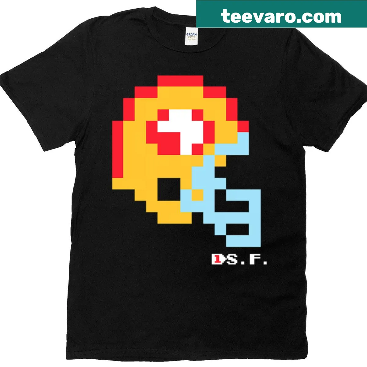 Illustrated T-shirt featuring a Tecmo Bowl-inspired helmet — on a men's t-shirt