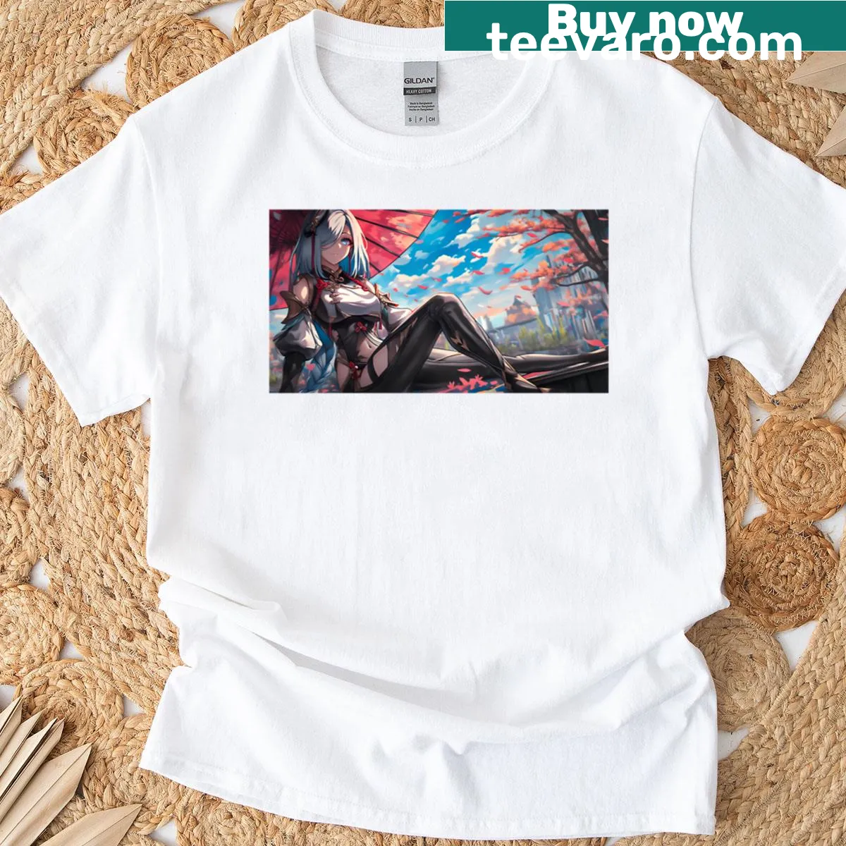Illustration of Shenhe from Genshin Impact on a T-shirt — on a men's t-shirt