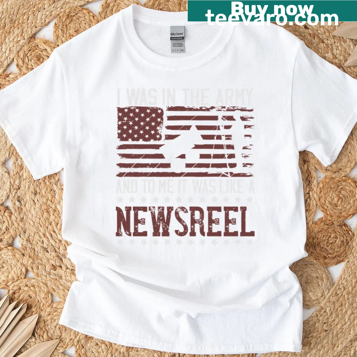 Text-based graphic shirt with a soldier quote about army experience — on a men's t-shirt