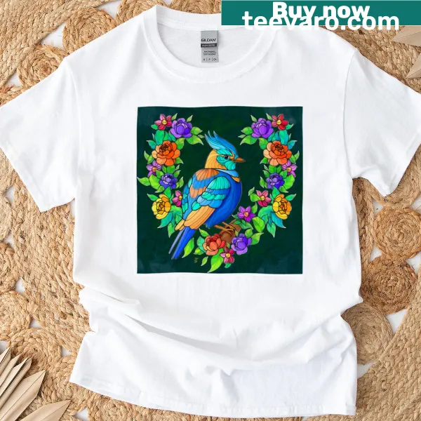 Illustration of a blue jay on a T-shirt