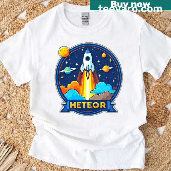 Whimsical oversized t-shirt with a starship and meteor graphic