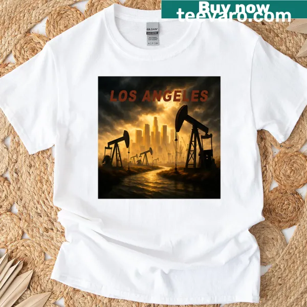 Illustrative T-shirt featuring a storm over oil fields design