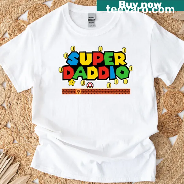Super Daddio graphic on a dad gamer T-shirt