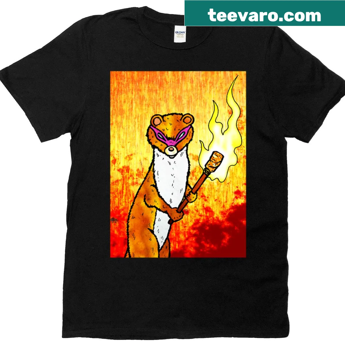 Illustrated T-shirt of a whimsical fire weasel — on a men's t-shirt