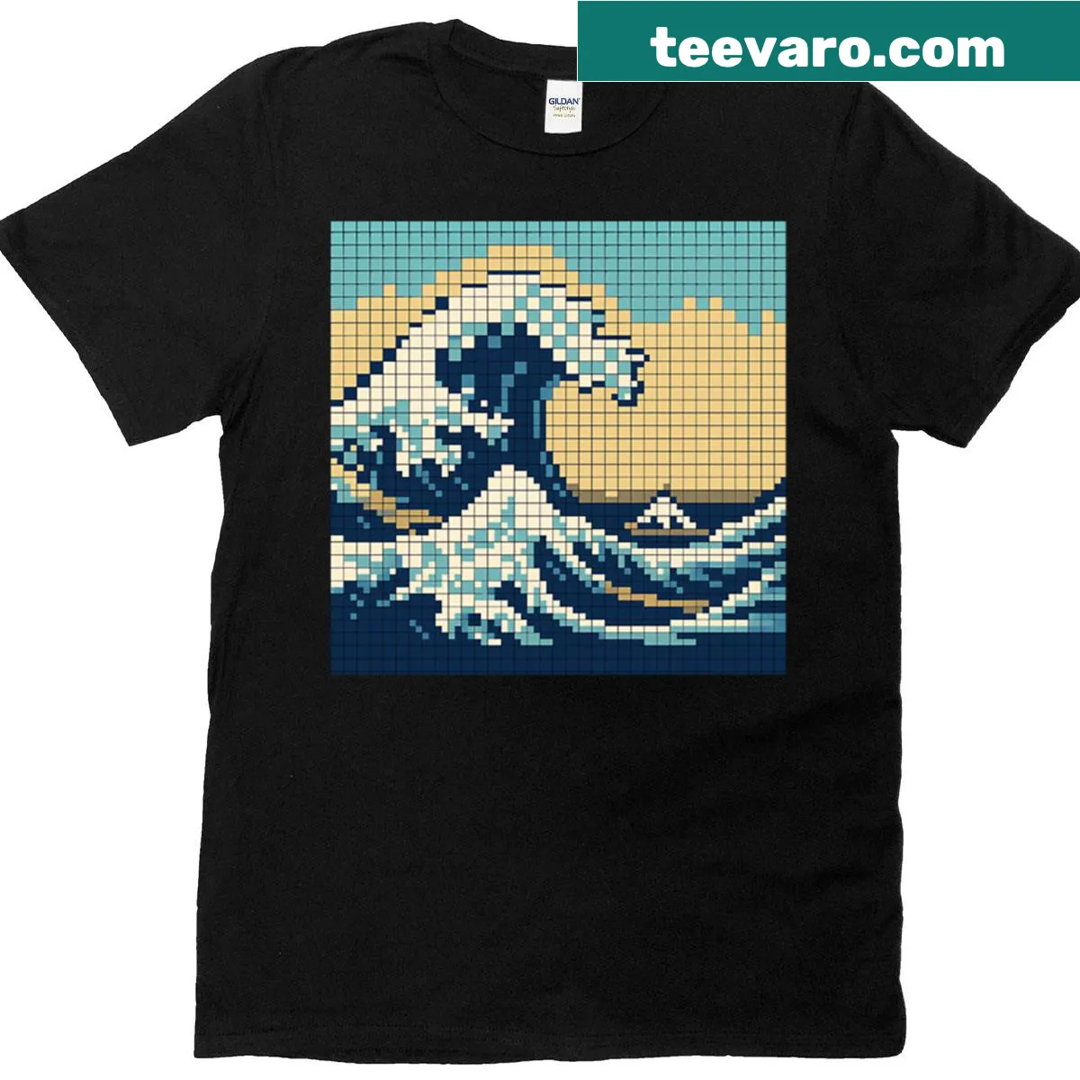 Retro pixel art t-shirt of the Great Wave of Kanagawa — on a men's t-shirt