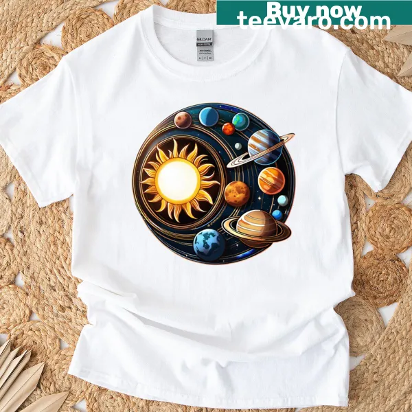 Oversized t-shirt showcasing playful illustrations of the Solar System