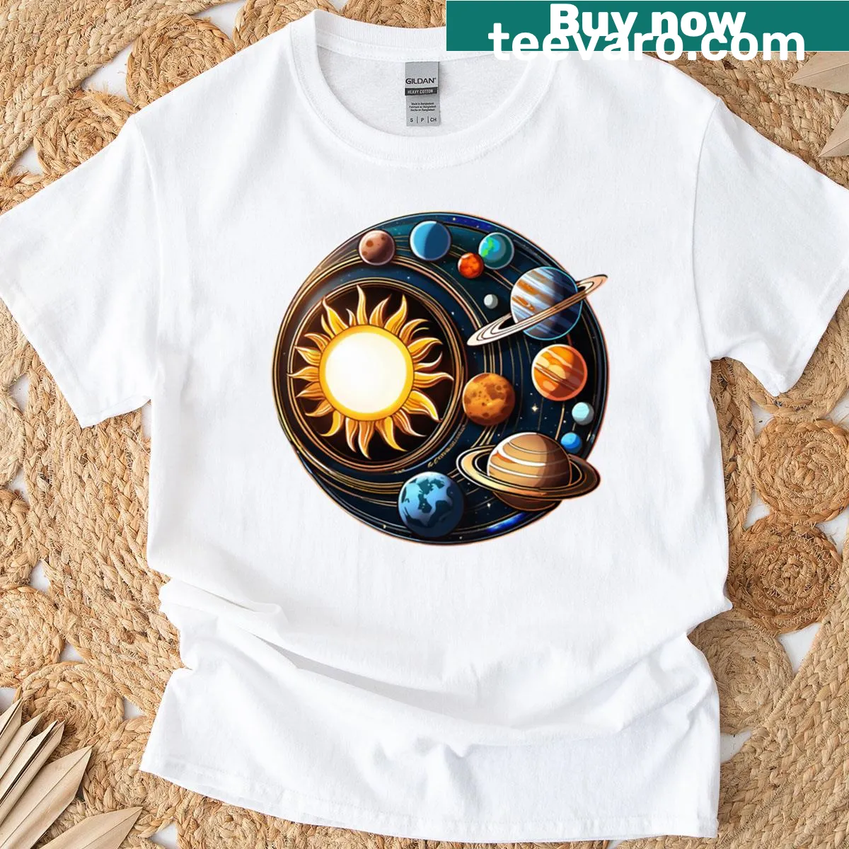 Oversized t-shirt showcasing playful illustrations of the Solar System — on a men's t-shirt