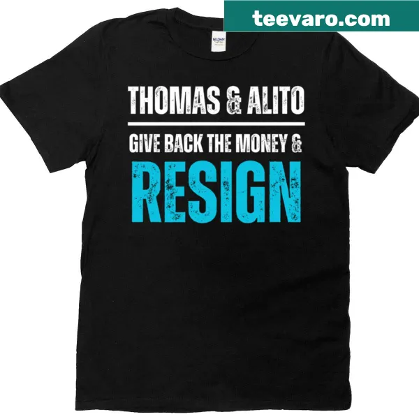 T-shirt featuring the phrase 'Give Back The Money Resign' in bold typography