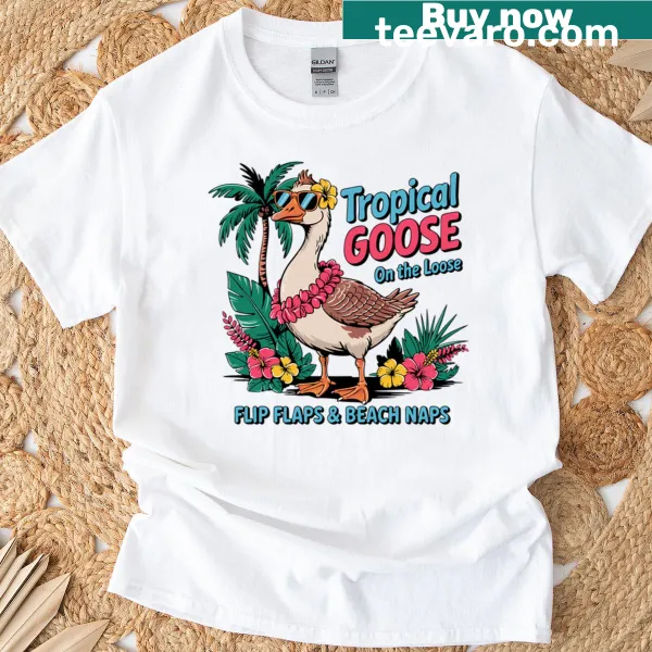Cartoon tropical goose graphic T-shirt for animal lovers and adventurers.