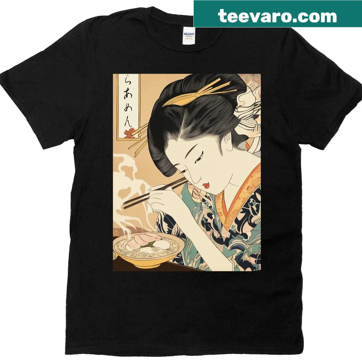 Ukiyo-e inspired T-shirt featuring a kimono beauty and ramen — on a men's t-shirt