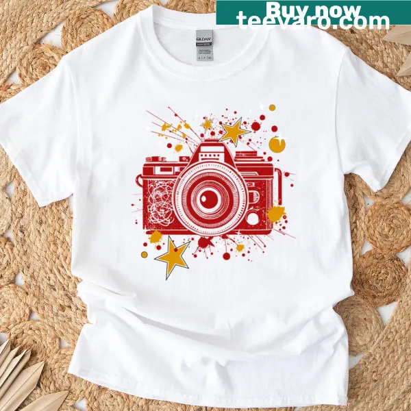 Vintage film camera design with stars and splatters on oversized t-shirt