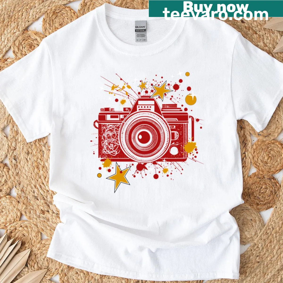 Vintage film camera design with stars and splatters on oversized t-shirt — on a men's t-shirt