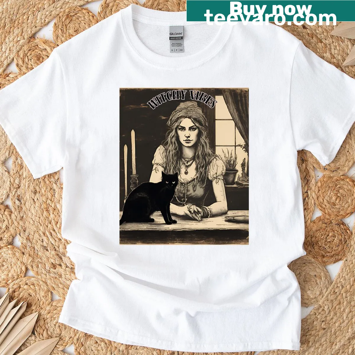 Oversized t-shirt with a whimsical witchy graphic design. — on a men's t-shirt
