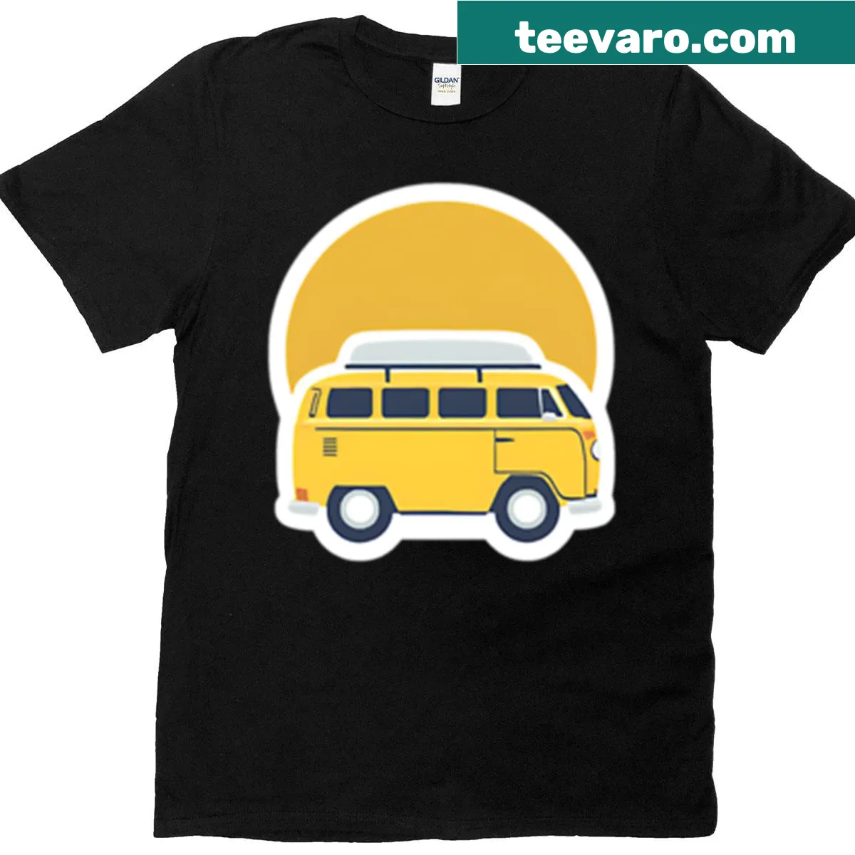Illustration of a sun and a retro van on a T-shirt — on a men's t-shirt