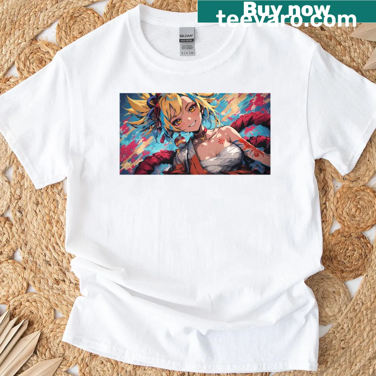 Genshin Impact T-shirt featuring Yoimiya with fireworks — on a men's t-shirt